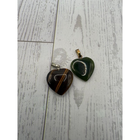 The Unbranded Brand Jewelry - Stone Heart Pendant Lot 2pc Tiger Eye & Green Aventurine Gemstone Charms